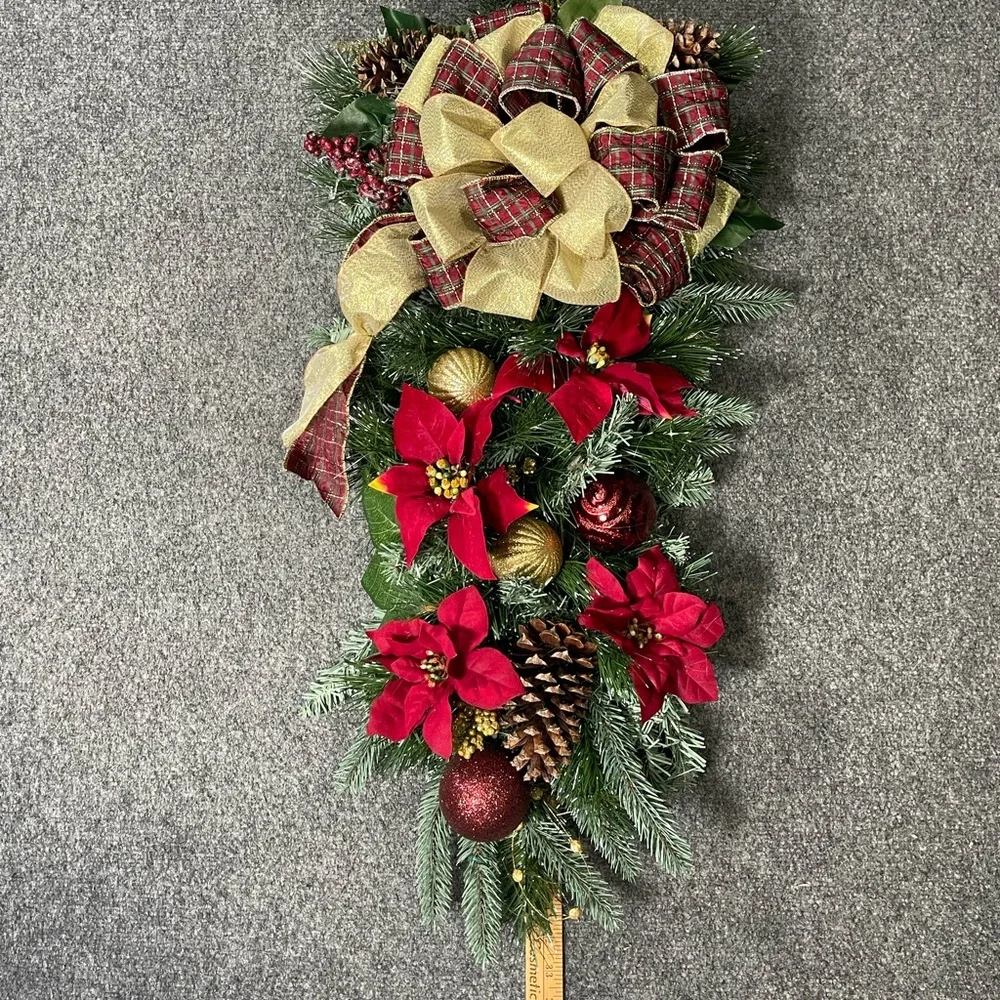 **Burgundy Poinsettia Christmas Teardrop Swag Wreath Front door